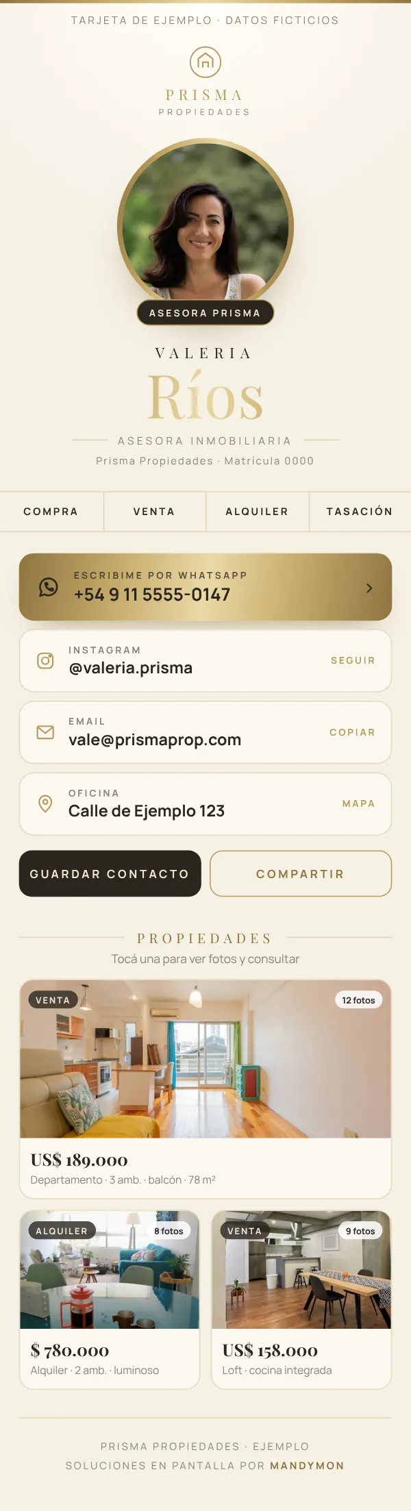 Tarjeta de ejemplo de Valeria Ríos, asesora inmobiliaria